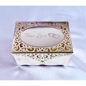 THINGS REMEMBERED Silver Jewelry Box Trinket True Love Engraved Filigree Mirror